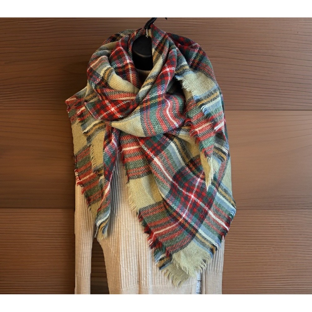 Blanket Scarf Large Soft Plaid Beige Red Green Tartan Cozy Capsule Timeless